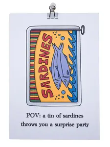 Sardine Surprise Birthday Card - 100lb White Linen 5x7 Cardstock with Gum Seal 80lb Brown Recycled Envelope - Festive & Weird Design for Unexpected Celebrations