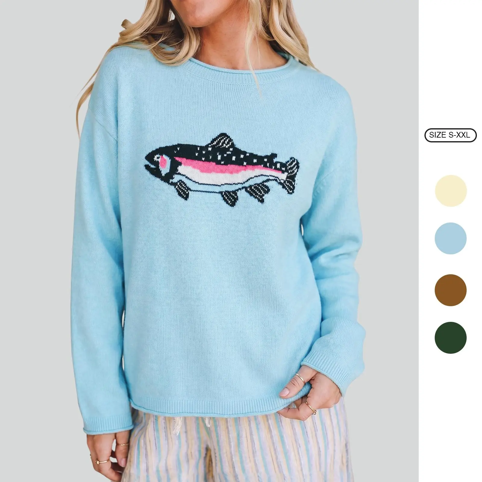 Imily Bela Women Oversized Crew Neck Knit Sweater Cute Rainbow Trout Fish Graphic Soft Long Sleeve Pullover Casual Light Blue Knitted Jumper Top