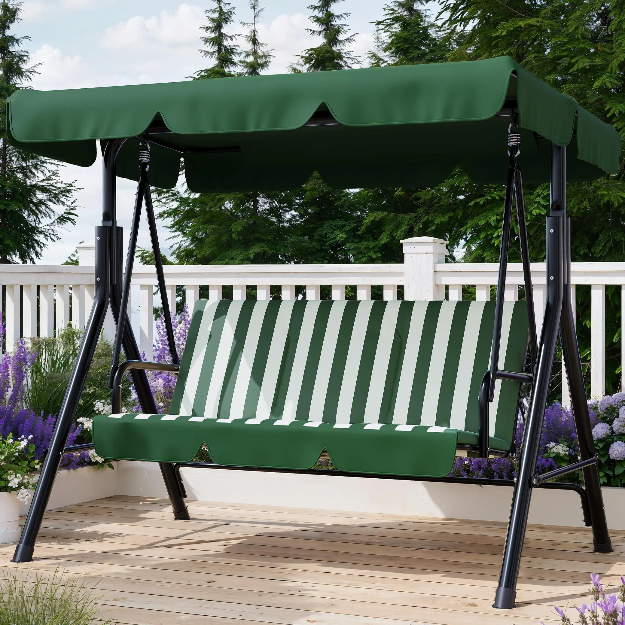 GARVEE Outdoor Porch Swing with Adjustable Canopy, 3-Seat Patio Swing Chair with Stand, Heavy Duty Outdoor Swing, Metal Frame Patio Swing for Garden, Backyard & Poolside,Striped Green
