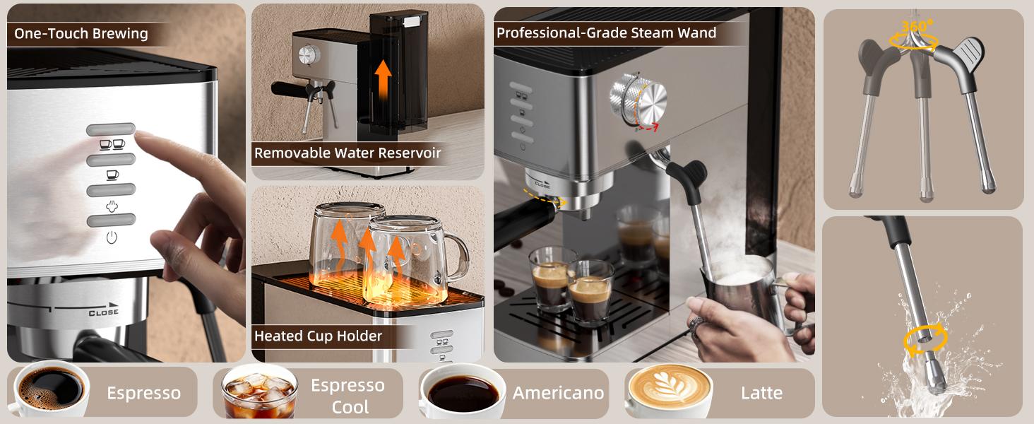 Espresso Machine 20Bar with Rapid Cold Brew Function - Hot & Iced Coffee Maker, Built-in Steam Wand, Touch Screen, 37oz Water Tank - Perfect for Lattes, Cappuccinos, and Gift for Coffee Lovers