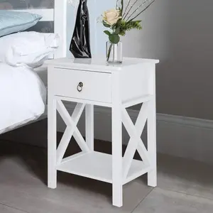 VINGLI White Nightstand with Drawer and Shelf, Farmhouse Night Stands for Bedrooms Storage, End Table Bed Side Table/Night Stand with Rustic Handle for Small Spaces, Dorm, Kids' Room, Living Room