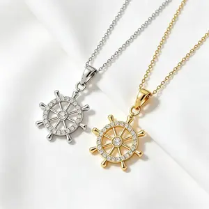 Exquisite ship's wheel pendant necklace, set with sparkling cubic zirconia; minimalist gold-plated/silver-plated jewelry; stylish nautical-inspired chain; the perfect summer accessory for women; everyday fashion jewelry; a gift for her