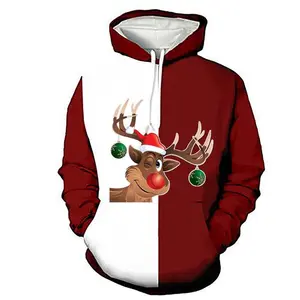 TOP 2025 European & American Christmas/Halloween New Christmas Deer Autumn Men’s Digital Print Hooded Couple Sweater