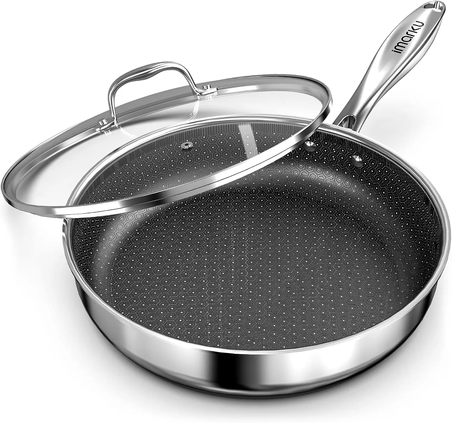 imarku 10-Inch Hybrid Non Stick Frying Pan with Lid, Ceramic Coating | Stainless Steel Deep 4-Quart Skillet for Family Meals, Oven & Dishwasher Safe, Induction Compatible Cookware, PFOA Free