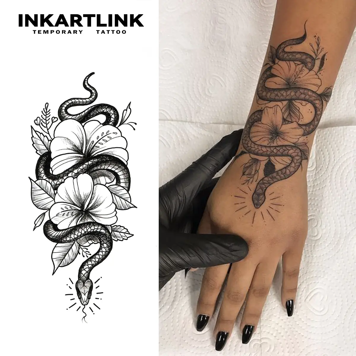Realistic Serpent & Hibiscus Fake Tattoos (2 Sheets)  | High-Quality Long-Lasting Waterproof Body Art, Ephemeral Tattoos, Aesthetic Tattoo Merch