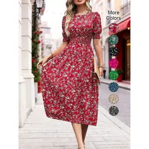 Women's Floral Print Bubble Hem Dress, Round Neck Waist Cinched Design, Boho Style Midi Skirt, Fitted Short Sleeve, All Seasons