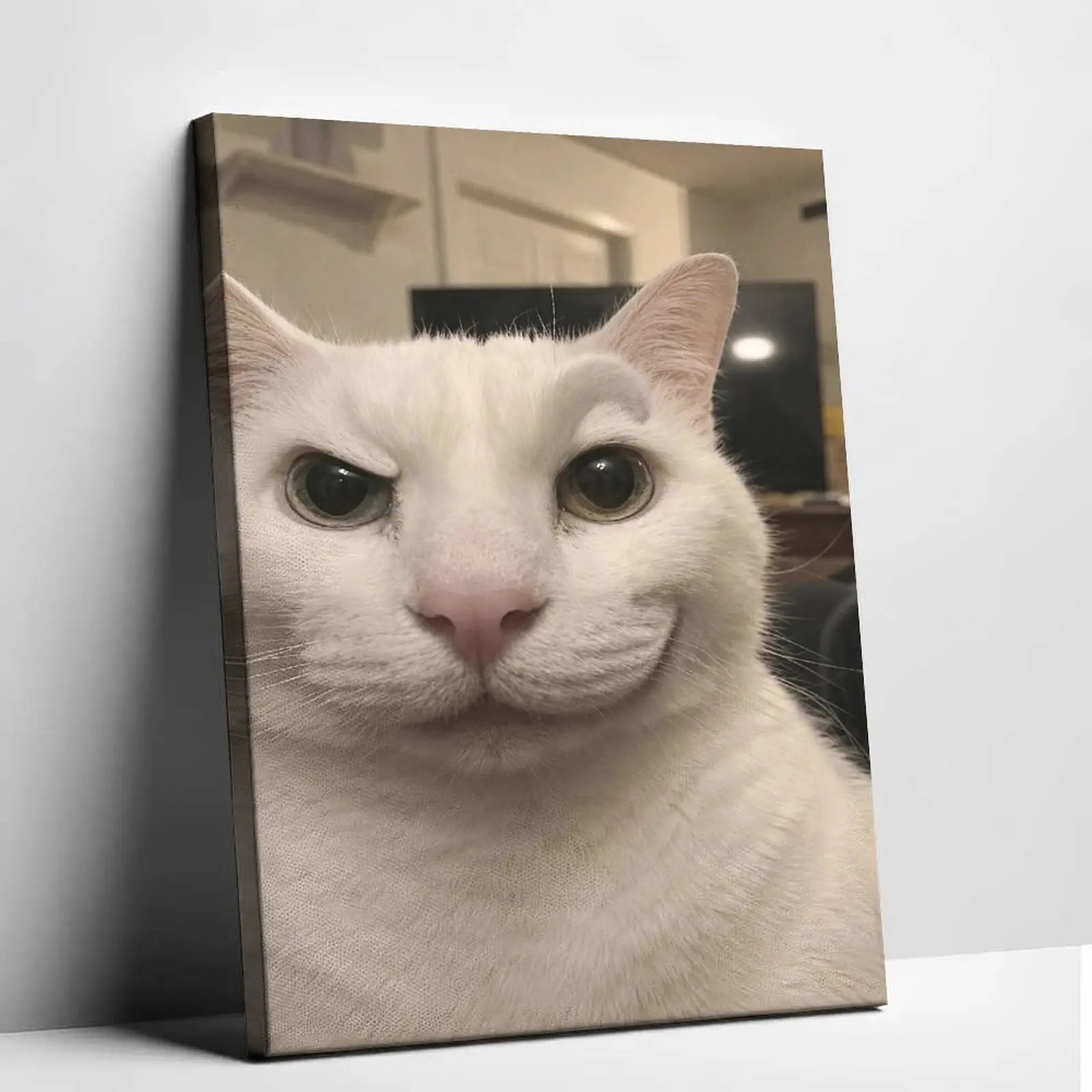 Polite Cat Meme Canvas Wall Art Smiling White Cat Poster Print Funny Awkward Smile Canvas Painting Cute Pet Animal Graphic Picture Modern Aesthetic Decor for Living Room Bedroom Studio