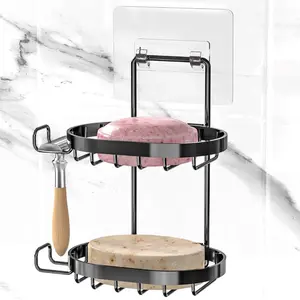 2 Tier Soap Dish Holder, Soap Bar Holder with Hooks, Shampoo Bar Caddy for Shower Wall, Razor Holder for Shower, Bar Soap Container 304 Stainless Steel, Bathroom (Black)