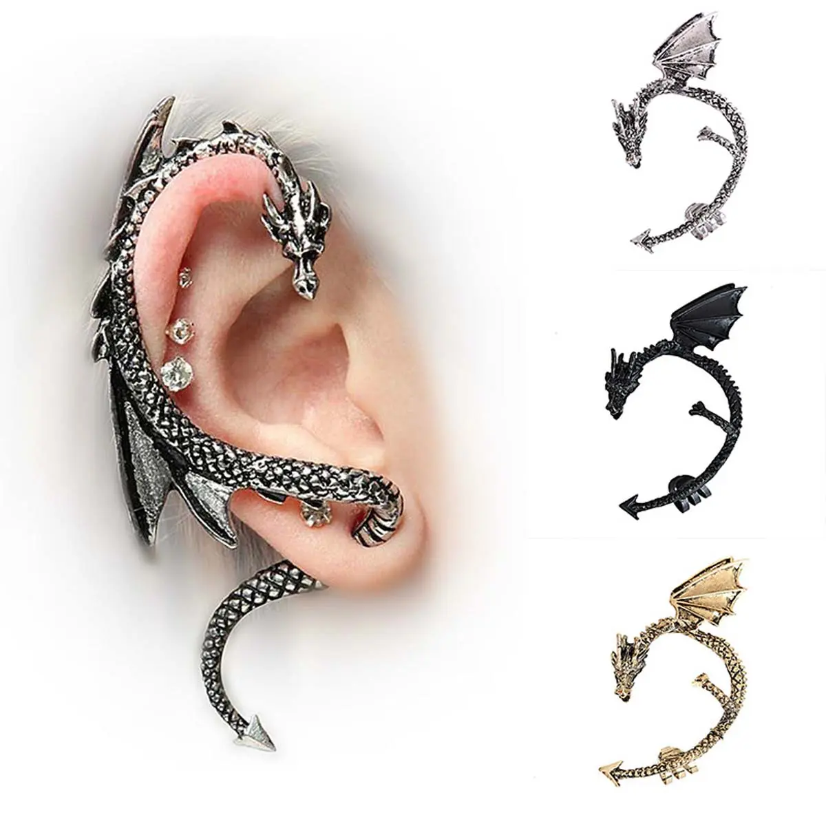 Dragon Ear Cuffs for Women, Gothic Punk Clip On Earrings, Adjustable Alloy Non-Piercing Jewelry for Fantasy Role Play, Womens Gifts, Ear Clips, Fake Piercings