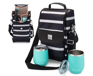 Savvy Outdoors Wine Tote Bag with Stemless Wine Glasses - Bottle Wine Bag with 2 Premium Insulated Wine Cups & Exterior Storage Pouch - Foldable Wine Carrier and Portable Wine Cooler Bags