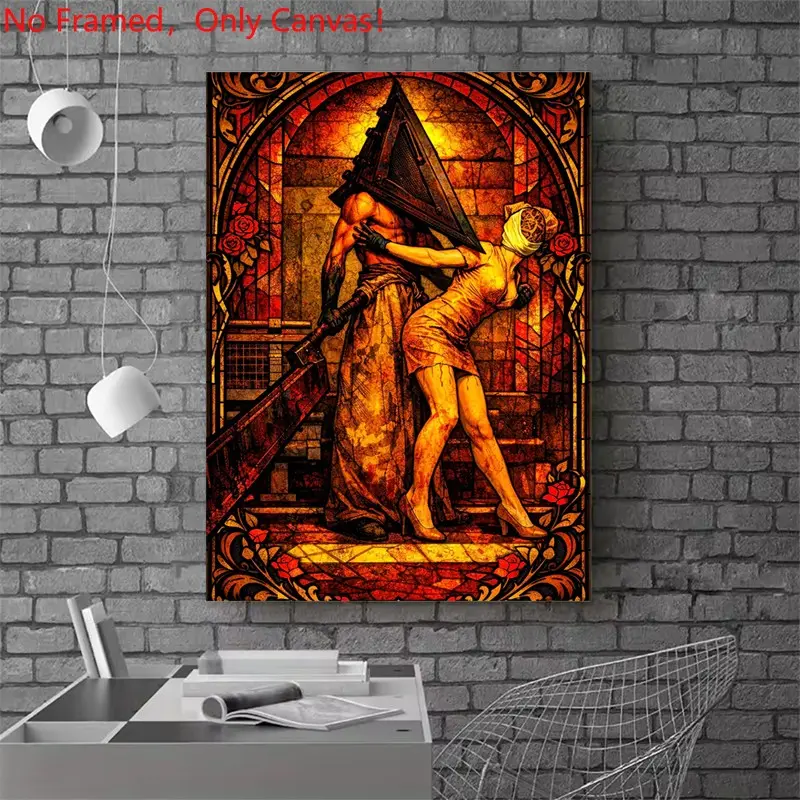 1 piece/set frameless canvas painting print poster, Game Poster art，Pyramid Head and Nurse in Stained Glass， a perfect gift for Video games loves, ideal gift for bedroom, living room, dorm hallway, kitchen, mural, wall decoration, room decor