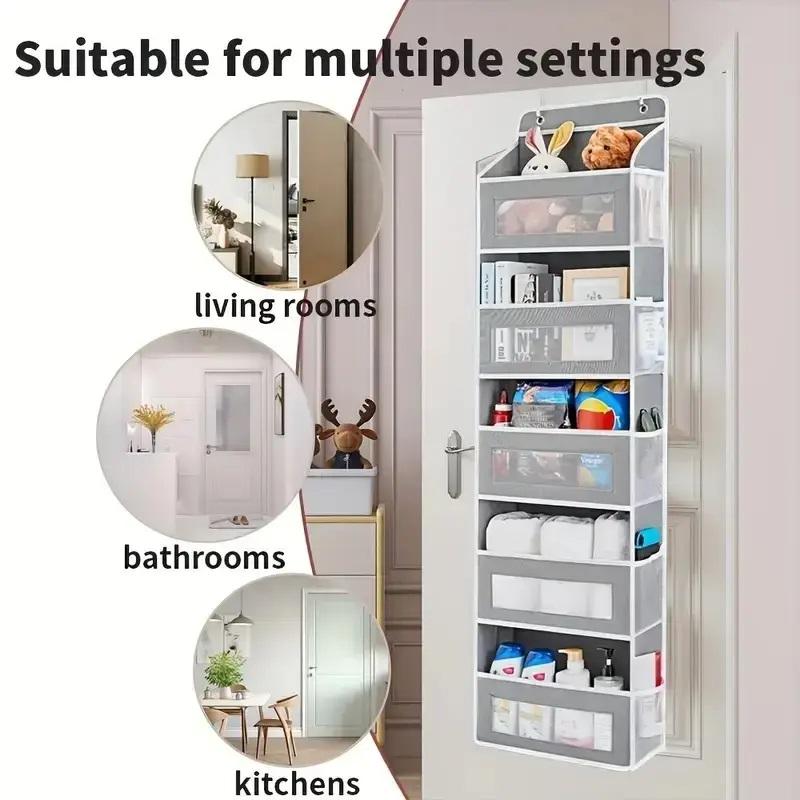 Door Hanging Storage Rack - 5+5 Pockets for Everyday Storage with 5 Large Clear & Mesh Side Pockets for Bedrooms Bathrooms & Food Storage Rooms Grey Organizer Set Installation Hangable 10 - 15 Kg Capacity