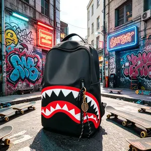 Shark Tooth Print Backpack Lightweight Canvas Daypack Adjustable Straps Large Capacity Secure Zippers School Travel