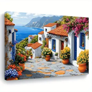 1 Piece Wooden Frame Canvas Painting - Artistic, Coastal Village Scene Wall Art, Vibrant Mediterranean Scenery, White and Blue Houses, Clay Roofs and Sea View, Ready to Hang Home Decor, Suitable for Living Room, Bedroom, Kitchen, 29.97x 39.88cm, Perfect G