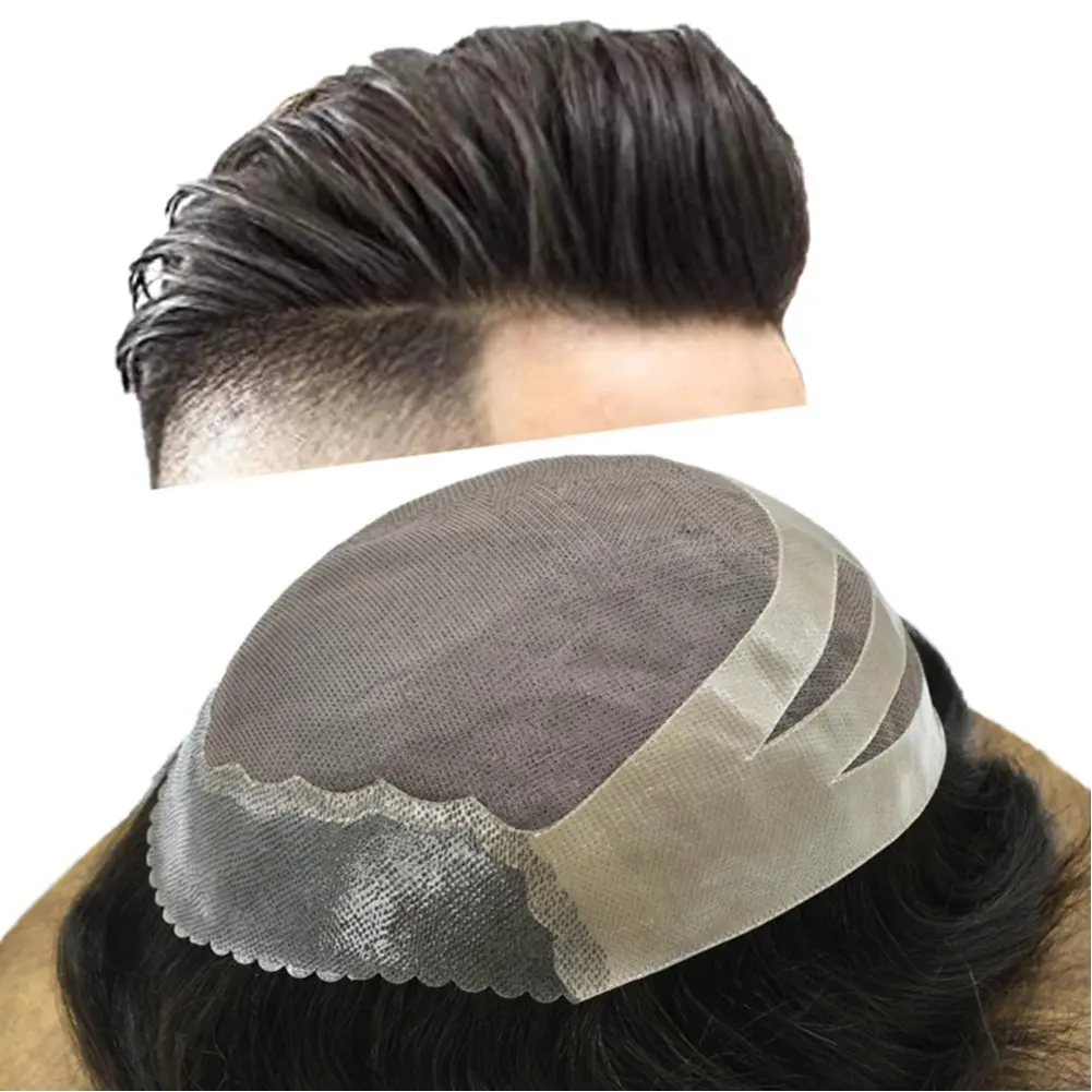 Mens Toupee Hairpieces Toupee For Men Human Hair Replacement Systems Fine Monofilament Center NPU at Sides and Back Clear Poly Skin Front Mens Hairpiece