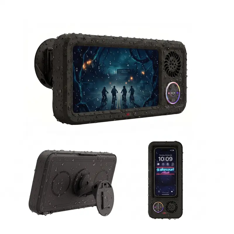 Waterproof Bathroom Shower Smartphone Stand with Wireless Bluetooth Speaker - Rotatable 360° Grip, Touch Sensor Access, Suction Cup Wall Mount, Universal Adjustable Secure Hold, Landscape View, Foam Padding Cushions Impact, Bathroom Gadget Phone Accessory