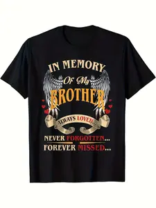 100% Cotton Brother Memorial T-Shirt - In Loving Memory of My Brother with Winged Heart & Angel Wings Design - Unisex Male/Female Casual Fit Short Sleeve Crew Neck T-Shirt - Brother Loss Sympathy Gift
