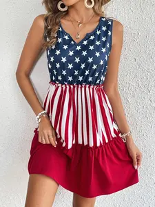 Women’s American Flag Print Sleeveless Dress - Ruffle Hem Patriotic Summer Outfit - 4th of July Dress Women, ruffle hem dress women, memorial day dress women, holiday party dress women