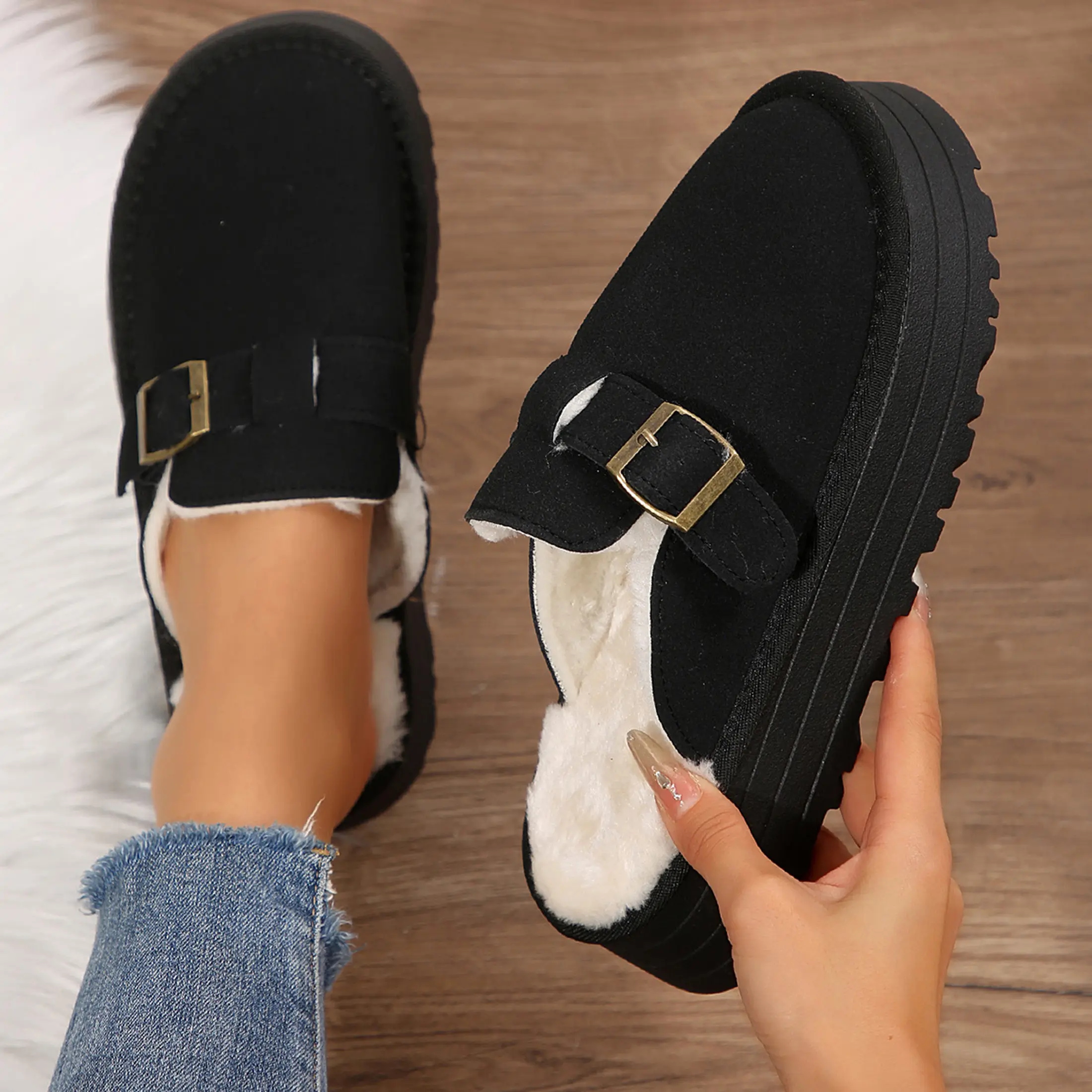 Women's Winter Platform Slippers Plush Lined Suede Mules with Buckle Detail Comfortable Snow Boot House Indoor Outdoor Shoes
