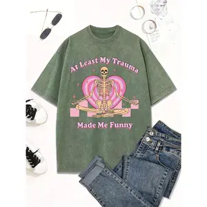 Wayii Fashion  oversized tshirt women    Skeleton Sitting Cross Legged Printing Patterned T-shirt, Casual Fit, Crew Neck, Short Sleeves, Machine Washable, Gift, Couple, Versatile, Comfortable hoodies zip weighted vests tank top cute clothes summer long