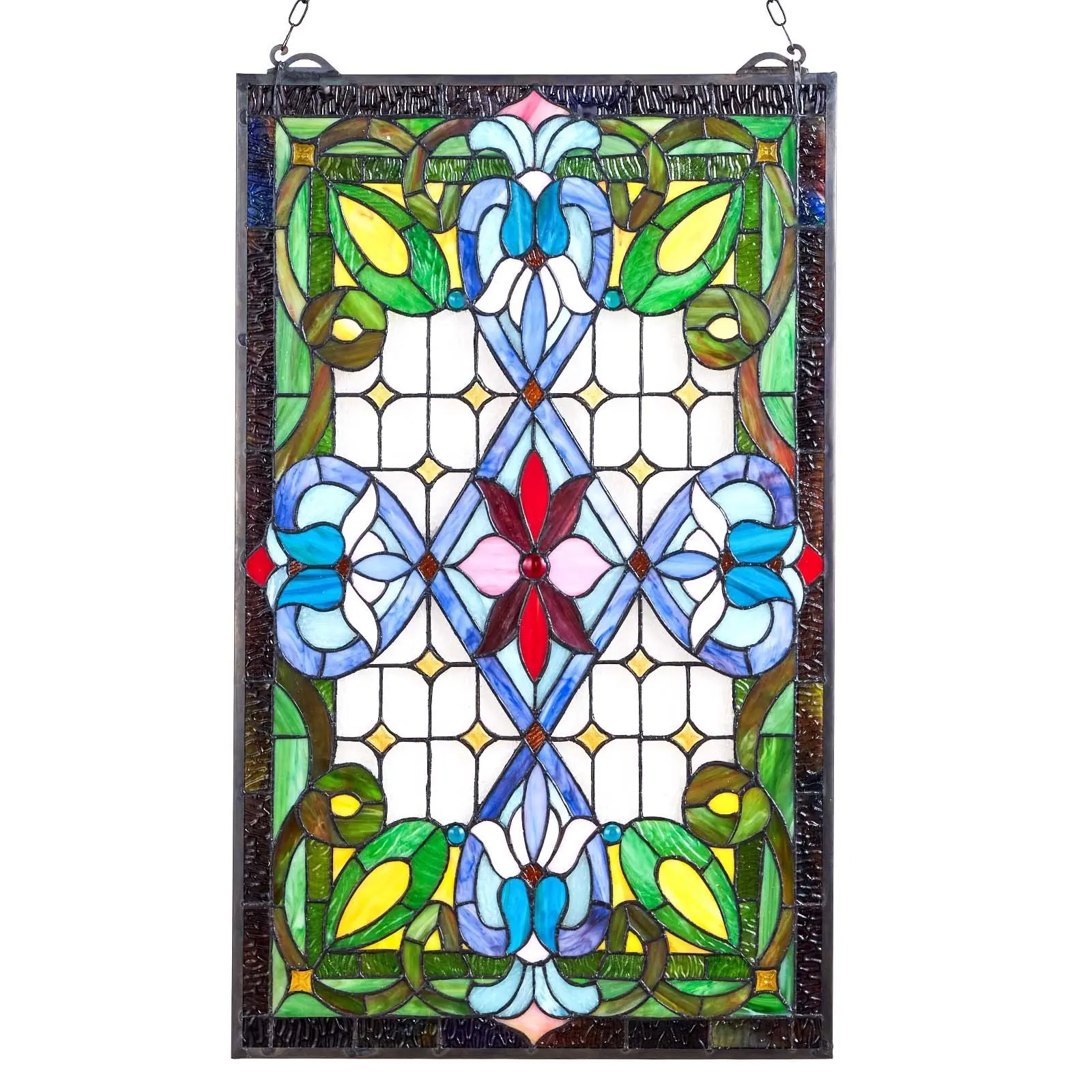 Stained Glass Tiffany-Style Hanging Window Panel With Chain, 17 X 29 Inches, Handcrafted Art Glass Home Decor, Decorative Sun-Catcher For Windows, Ideal Light Filtration, Living Room And Bedroom Accent