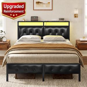HAUSOURCE Bed Frame with Storage Headboard & Footboard Upholstered Platform Bed with LED Lights USB Ports & Outlets No Box Spring Needed（only bed frame）   Springtok Furniture Home Modern Design summergarden