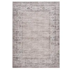 8 x 10 ft Light Taupe Low Pile Polyester Fiber Rectangular Vintage Distressed Floral Print Area Rug, Machine Washable for Indoor Bedroom, Living Room Use