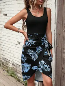 Summer Beach Tropical Print Split Tie Waist Adjustable Long Dress Vestido Sleeveless, Vacation Beach Women's Clothing, Stylish Summer