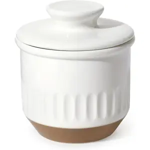 Elegant Embossed Butter Dish with Recess - French Butter Keeper with Lid - White