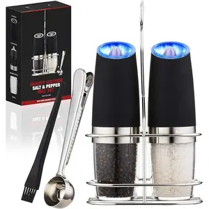 (2 Pack) Gravity Electric Salt and Pepper Grinder Set Battery Operated One Hand Automatic Operation, Adjustable Coarseness Mill Grinders Shakers LED Light, Kitchen Gadgets Stainless Utensils