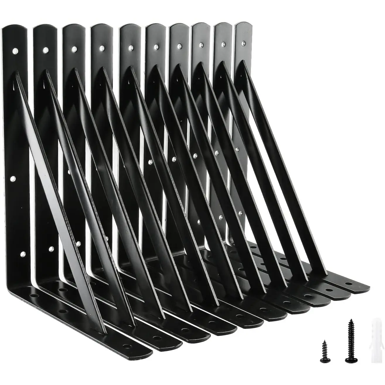 10-Pack 12x8in Heavy Duty Steel Shelf Brackets, 600lb Load Capacity, Black 90-Degree Wall-Mounted L-Brackets for Floating Shelves (Decor, Kitchen Use) with Screws for DIY Users, Easy Installation