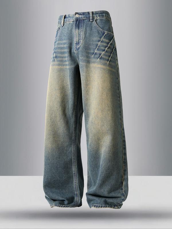 Men's vintage washed loose straight-leg jeans, casual four-season street style, zipper fly, solid color pattern, daily wear denim pants. If you prefer a looser fit, order one size larger.