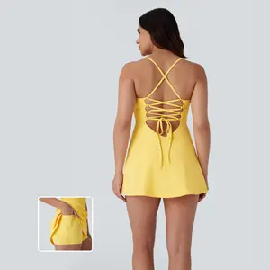 Halara Softlyzero Airy Backless Crisscross Lace Up 2-in-1 Side Pocket Mini Cool Touch Dance Active Slip Dress