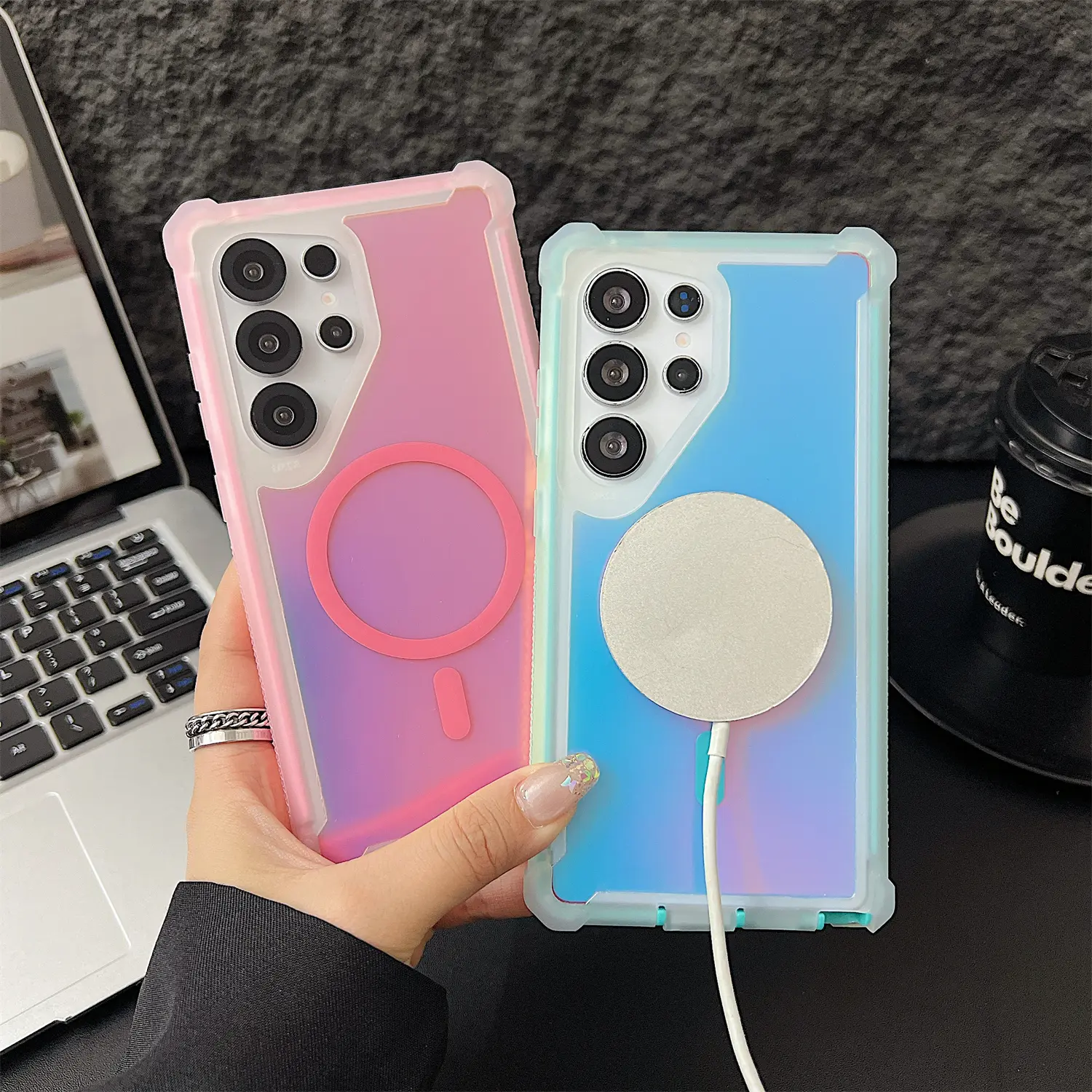 Iridescent Gradient Crystal Phone Case for Samsung Galaxy S26 S25 S24 Ultra Plus FE S23 S22 Ultra, Built-in Strong Magnets for MagSafe, High-Duty Corner Protection Case for Women