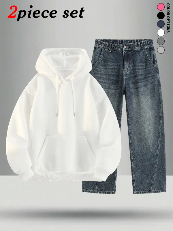 Men’s hoodie sweatshirt and jeans set, multi-pack for autumn/winter; casual and versatile with a classic hood design, easy to put on and take off for everyday wear.