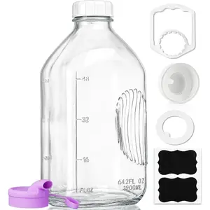 64 Oz Heavy Duty Glass Milk Bottle with  Airtight  SCREW LID - 1/2 Gallon Water Bottles with Scale Lines - 2 Qt Glass Milk Jug Pitcher - Extra Gaskets & Handle!