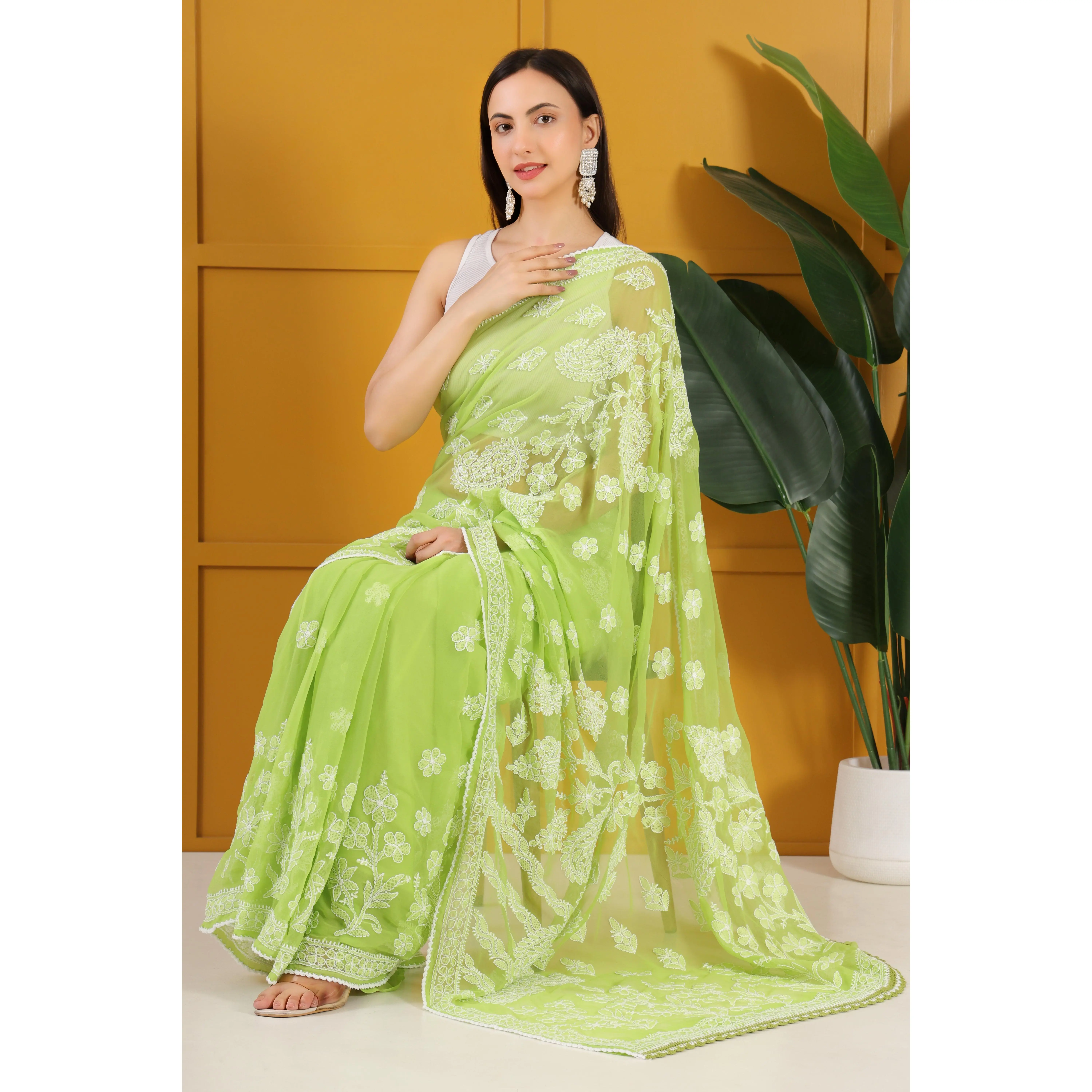 Misri Georgette Green Chikankari Saree