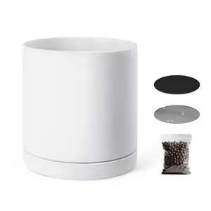 12-Inch Cylinder Ceramic Planter Pot With Saucer And Drainage Holes For Indoor And Outdoor Use, Modern Minimalist Home Decor For Herbs, Flowers, Succulents, And Small Plants, Durable Glazed Ceramic