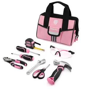 #SpringGlowUp WORKPRO 9-Pack Real Hand Tool Set, Pink Junior Tool Kit with Storage Bag, DIY Building and Woodworking