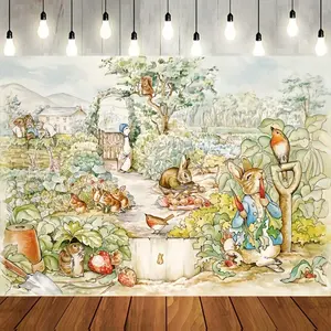 P1te1r Rabbit & Friends Easter Celebration Backdrop - Vibrant Cartoon Garden Scene With Bunnies, Chickens & Foxes,  Durable Polyester Party Decor For Birthdays, Baptisms, Spring Events |   Whimsical Outdoor-Themed Design,  No Electricity Needed
