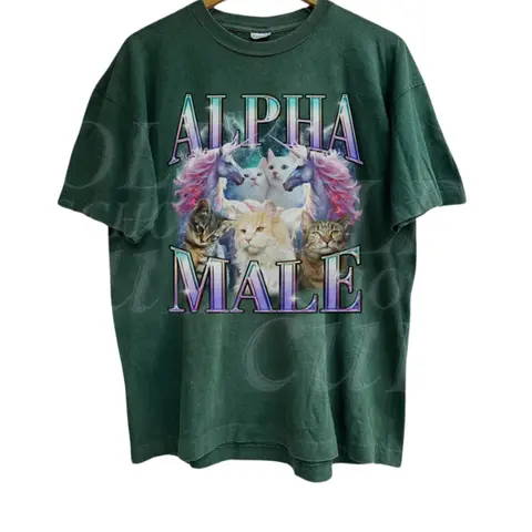 Unisex Graphic T-Shirt Vintage 90s Alpha Male Unicorn Cat - Retro Funny Rainbow Meme Tee, Cotton Gildan Blank, Casual All-Season Shirt, Soft Cold-Wash Care, Funny Offensive Vintage Graphic
