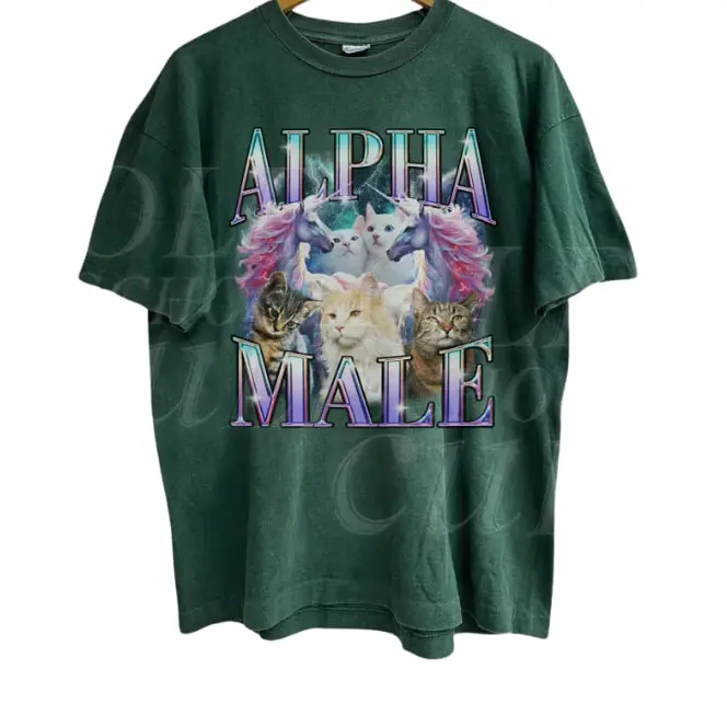 Unisex Graphic T-Shirt Vintage 90s Alpha Male Unicorn Cat - Retro Funny Rainbow Meme Tee, Cotton Gildan Blank, Casual All-Season Shirt, Soft Cold-Wash Care, Funny Offensive Vintage Graphic