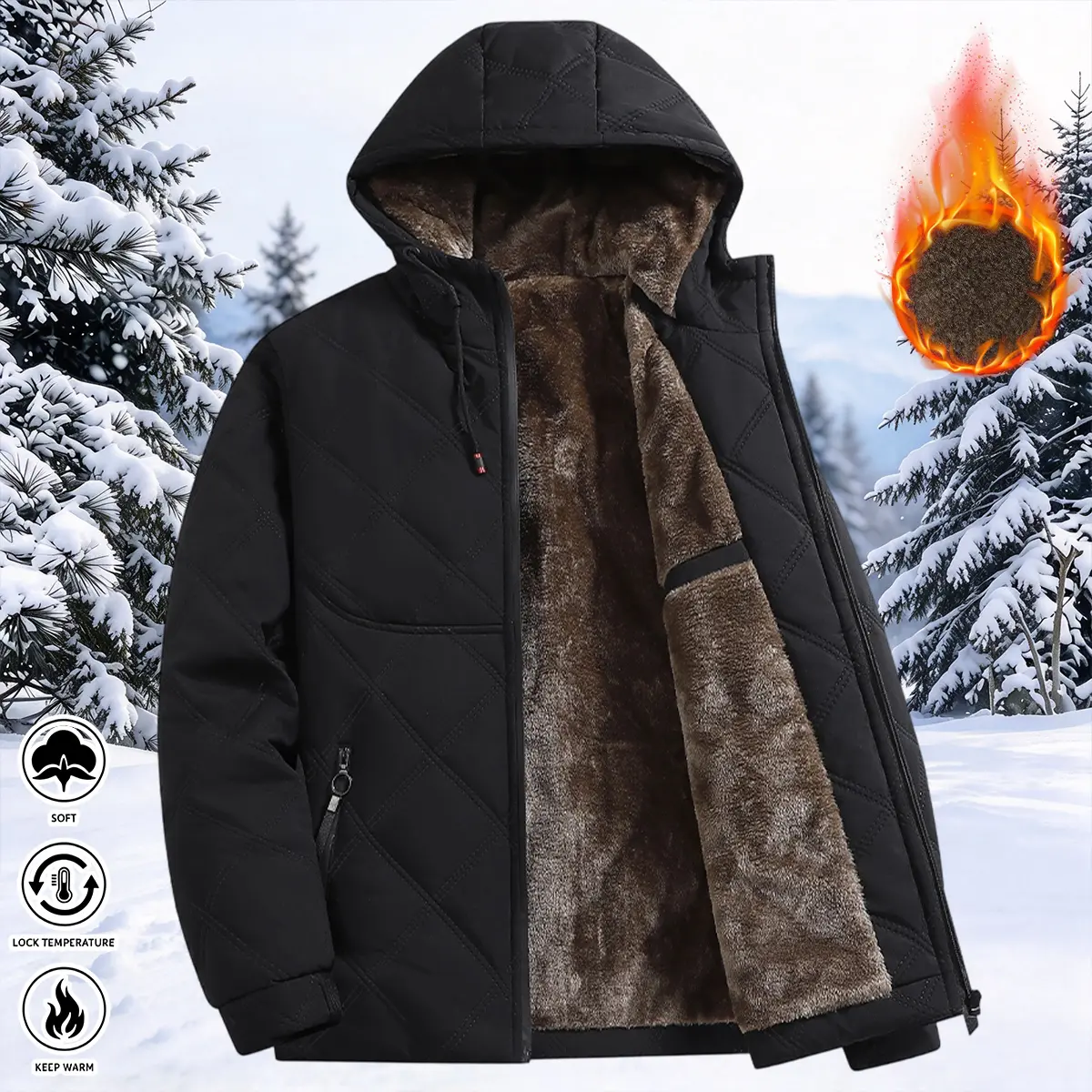 JOGWAVE Menswear Plain Long Sleeve Hooded Jacket - Fleece-Lined Mens Tops, Casual Winter Outerwear with Pockets, Suitable for Outdoor Sports, Daily Commuting