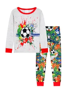 Boys' Round Neck Long Sleeve Pajama Set, Digital Print Soccer Style, Comfortable Casual Two-Piece Home Wear for All Seasons