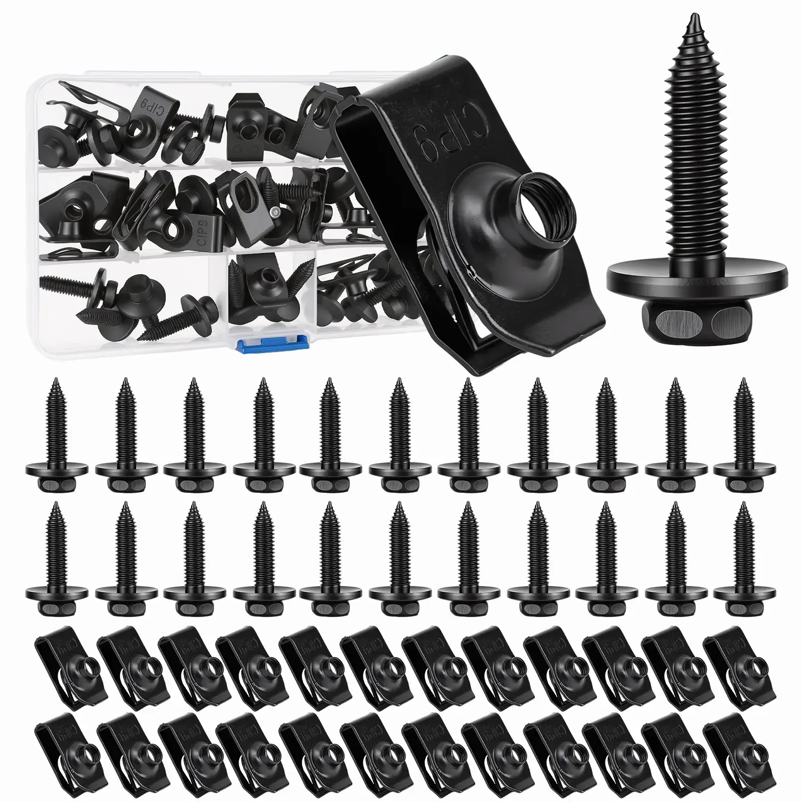 50Pcs Car Bumper Fastener Kit, 25 U-Type Clip Nuts & 25 Body Mount Screws, Black Anti-Rust Auto Fender Splash Guard Chassis Cover Retainer Clips with Storage Box