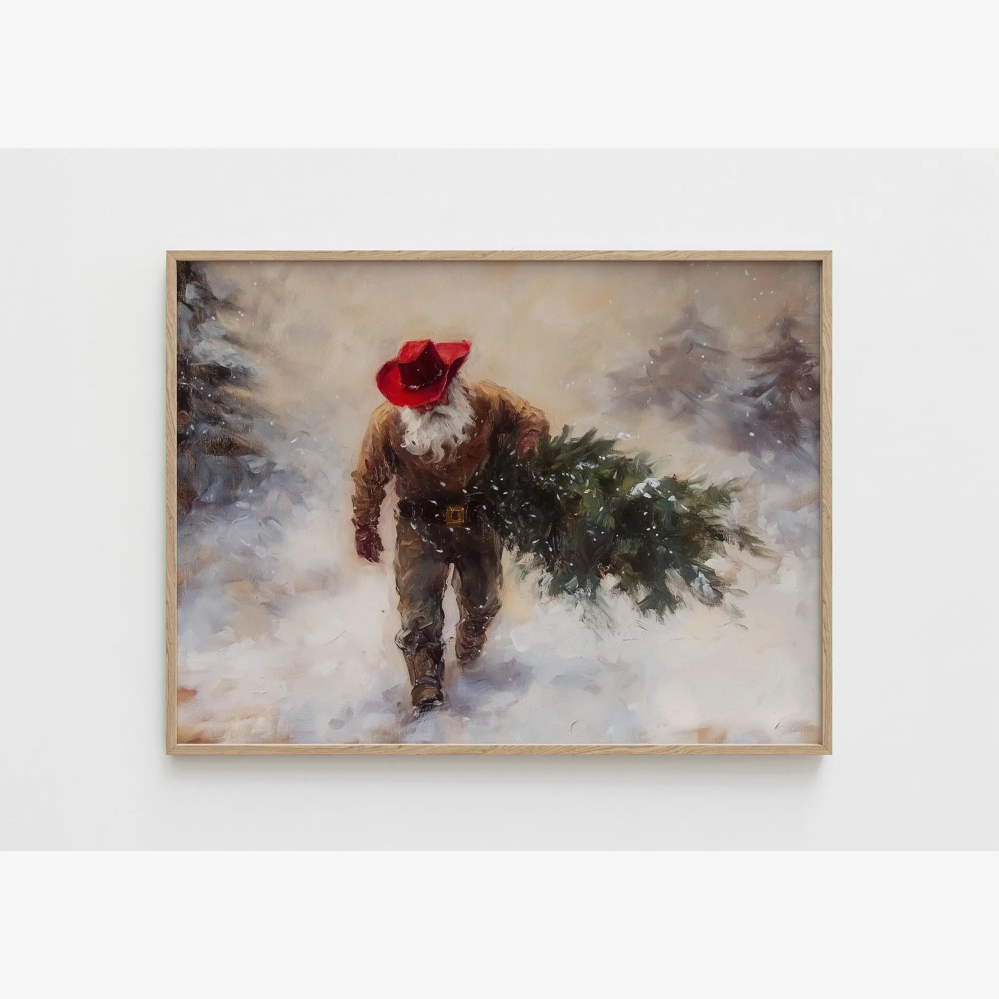 Cowboy Santa with Christmas Tree Painting – Snowy Western Wall Art, Masculine Holiday Print, Christmas Decoration Idea, Rustic Lodge Decor