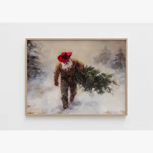 Cowboy Santa with Christmas Tree Painting – Snowy Western Wall Art, Masculine Holiday Print, Christmas Decoration Idea, Rustic Lodge Decor