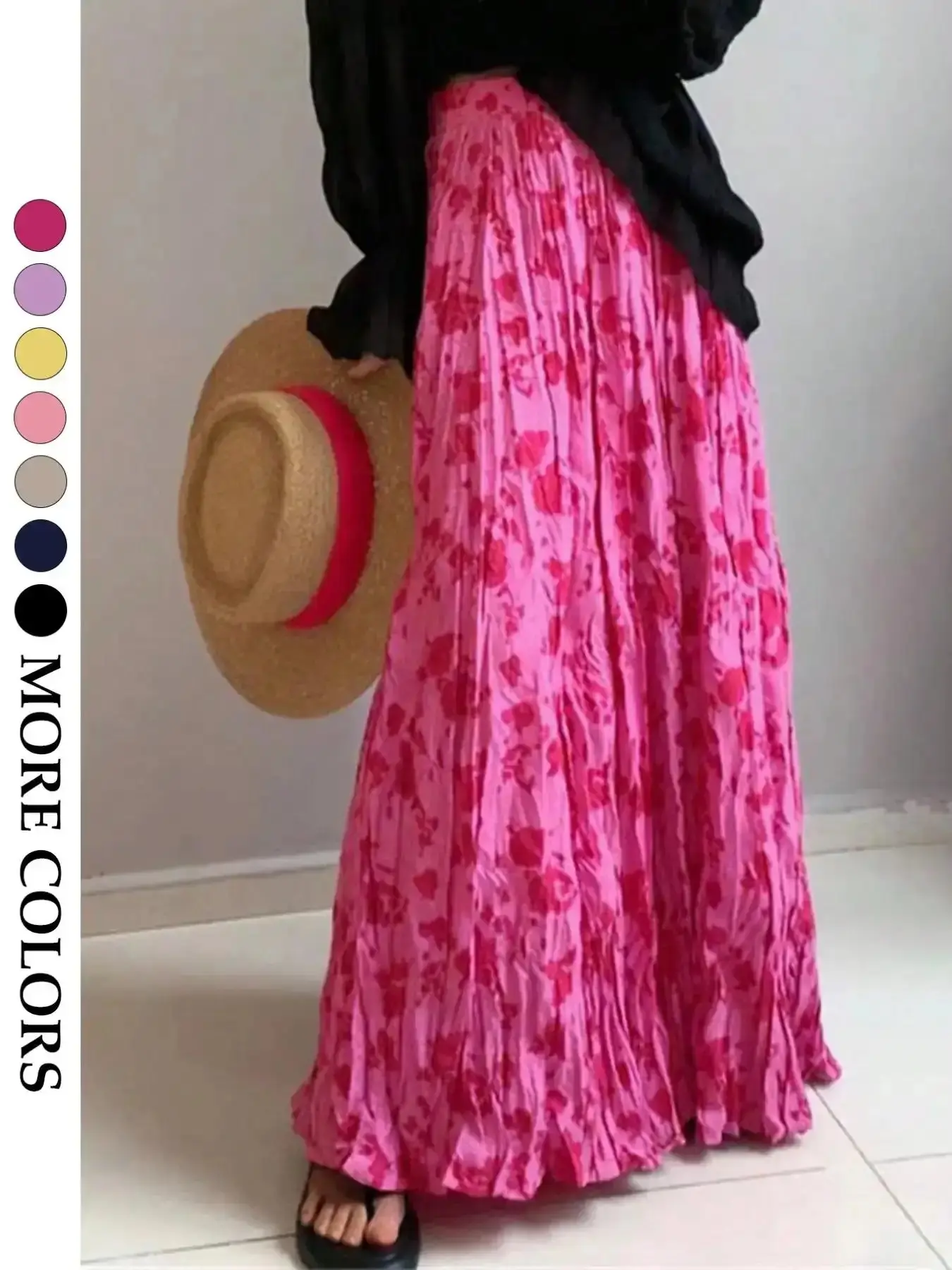Women's Elastic High Waist Fit Ditsy Floral Crinkle Maxi Skirt Smocked Pleated Flowy Long Skirts Hot Pink Boho Beach Vacation Summer Resort Wear Maternity Friendly Lightweight Cover Up Dopamine Dressing Spring Printed