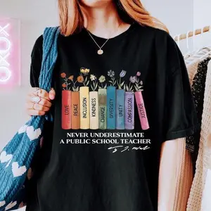 Vintage Floral Books Never Underestimate A Public School Teacher Shirt, Tim Walz T-shirt, Harris Walz 2024 Shirt, Save Democrat Tee, Educator Shirt, Harris Walz Tee