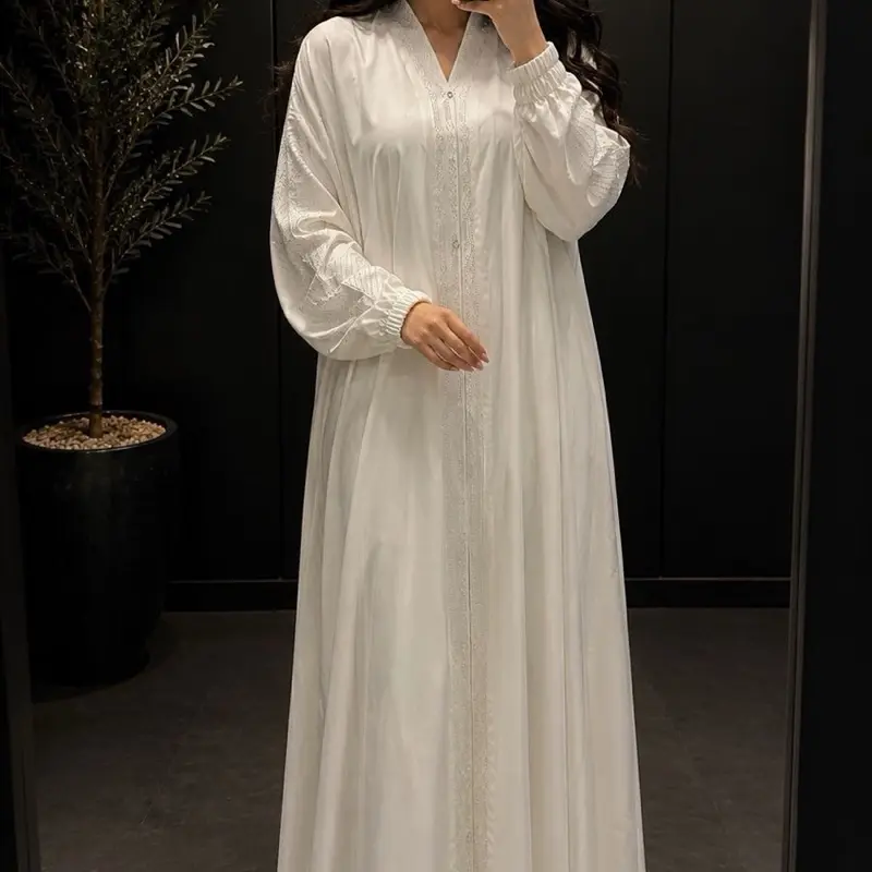 Elegant White Stone-Work Abaya for Umrah, Nolan Style